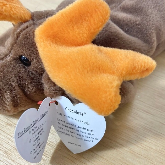 CHOCOLATE the Moose, TY Beanie Babies, attached Hangtag, 1993, Retired, Vintage - Picture 3 of 6